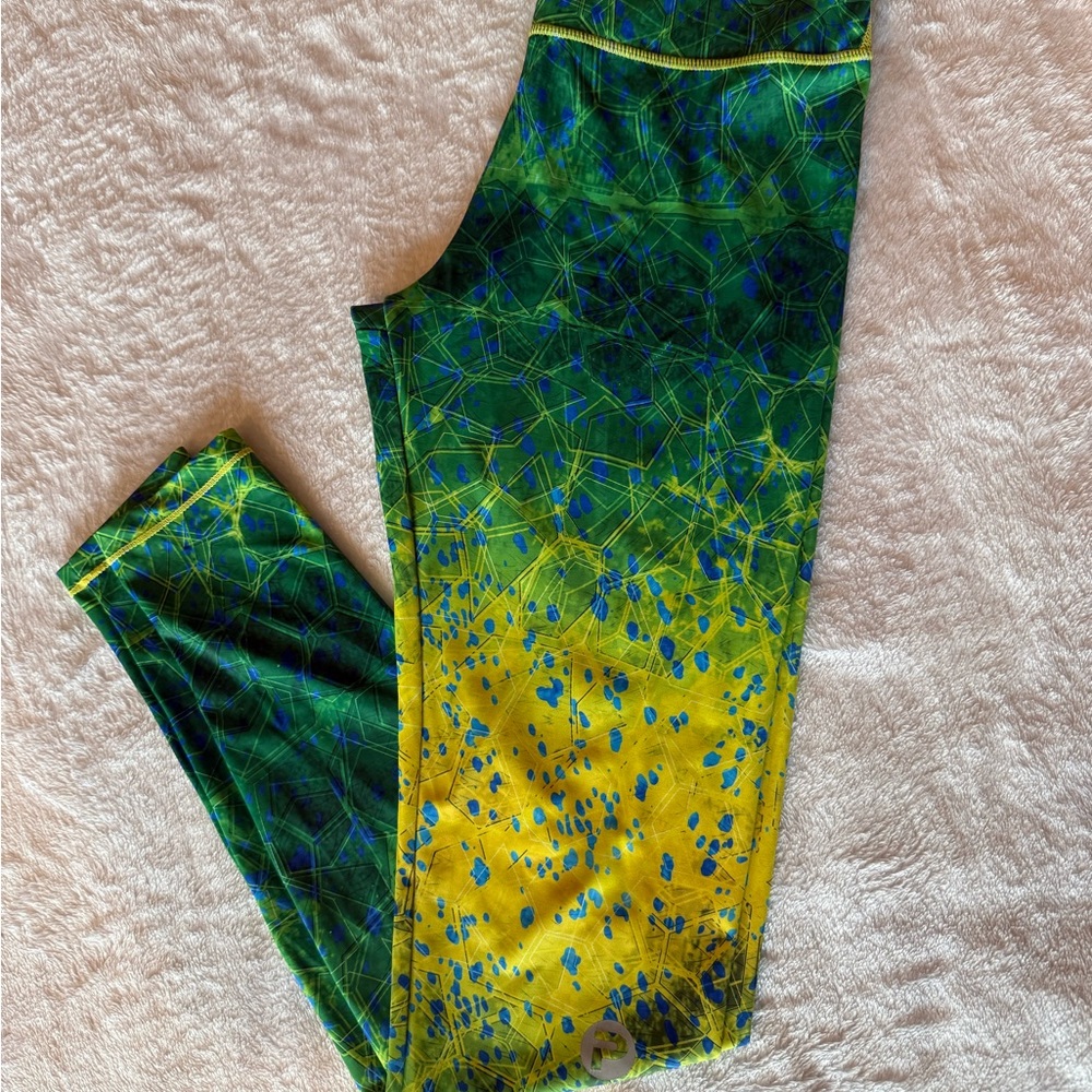 Pelagic Water Dorado Print Green and Yellow Patterned Leggings LIKE NEW